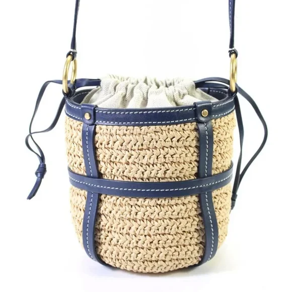 Tory Burch Leather Trim Basket Weave Drawstring Bucket Bag Blue - Picture 5 of 12